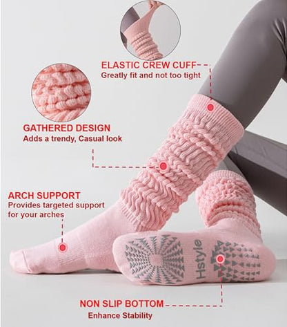 Hstyle Grip Pilates Socks for Women, Slouch Scrunch Yoga Barre Socks - color: 3 Pairs Maillard