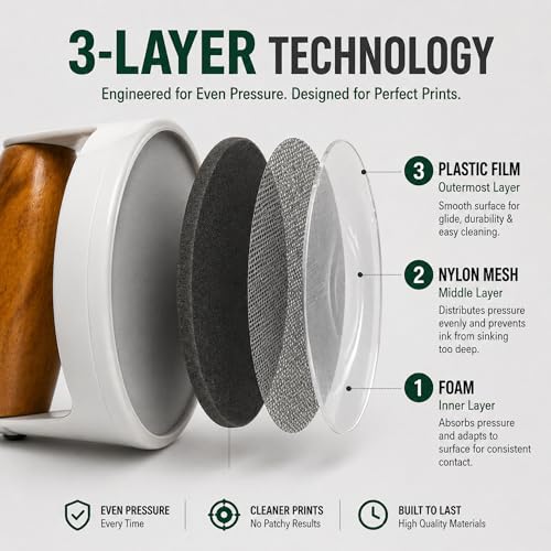 Leoball® Block/Gel Printing Baren– with 3 Layer Tech: Soft Foam Layer Covered in Smooth Nitex Nylon Along with Smooth-Glide Plastic Film. Features Comfortable Wooden Handle. Pro Baren - 4 inches
