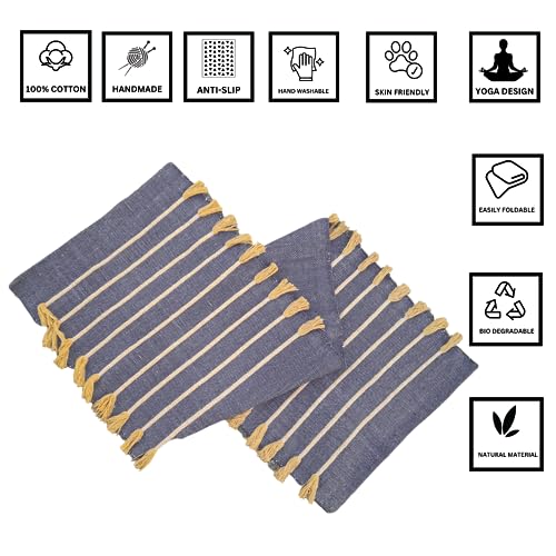 Jaipur art & Rugs Cotton Yoga Mat - Eco-Friendly Hand-Woven Rug - Non Slip & Thick (24”x72”x5mm) for Everyday Fitness at Home - Comfortable Extra-Long - color: Yellow Dark Blue