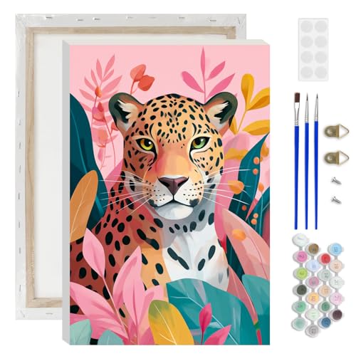 Lxmsja Cute Leopard Paint by Numbers Kit for Adults, Jungle Leaves Acrylic Paint by Numbers for Adults Beginner, DIY Craft Supplies Oil Painting Kits for Home Wall Decor 8x12 inch (Framed) - color: pink#095