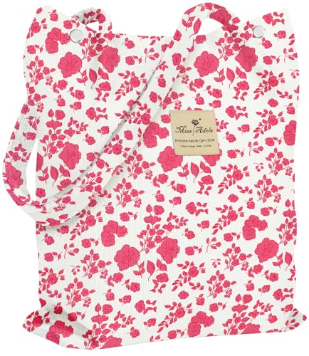 Miss Adola Corduroy Tote Bag for Women with Aesthetic Design | Magnetic Buckle & Pocket, Reusable, Soft, Roomy, Long Shoulder Handles, Double-sided Print, Casual Daily Work, Grocery Bags - color: Pk Fresh Flower