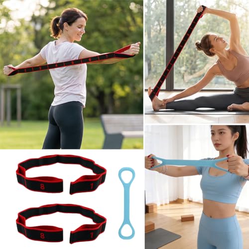 3 Pack Numbered 8-Loop Stretching Straps, Multi-Loop Elastic Resistance Bands for Yoga, Pilates, Dance, Gymnastics, Leg & Hip Flexibility Training