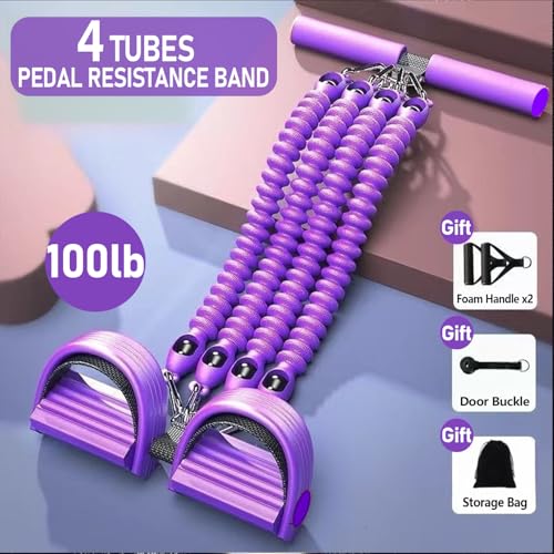 2026 Upgrade Foot Pedal Resistance Band, Adjustable 4-Tube Pedal Ankle Puller Resistance Band with Handle, Multifunction Home Gym Equipment, Stirrup Puller for Men Women for Full Body Exercise