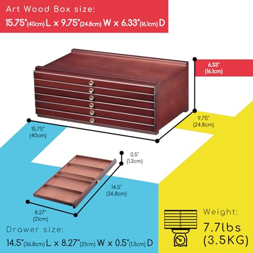 MEEDEN Art Supply Storage Box: 6 Drawers Pencil Organizer Craft Storage | Beech Wood Multifunctional Organizer Box with Compartments for Pastels, Colored Pencils, Pens, Makeup Brushes-Deep Walnut - size: 6 Layer Drawers