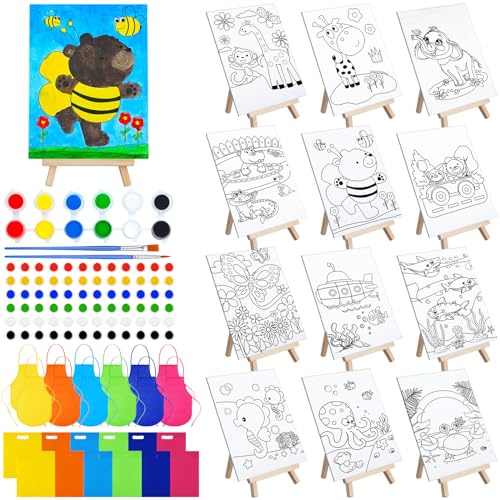 Tenceur 48 Pcs Kids Canvas Painting Kit Pre Drawn with Easel Paint Apron | Ocean Animals Pre Drawn Panel, Wooden Easels, Paint Pot Brushes, Mini Aprons Tote Bags, Birthday Party for Boys Girls Student - style: Fresh
