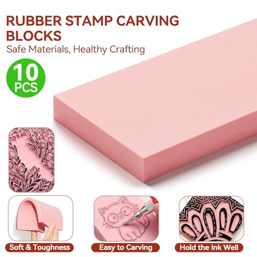 WAYCOM 10-Pack Linoleum Blocks for Printmaking: Linocut kit with Tools & Ink - 4x6 Rubber Carving Blocks - Art Craft Supplies for Beginners & Hobbyists - Gifts for Christmas/Birthday/Art Enthusiast - color: 10 Rubber Blocks + Carving Tool Kit