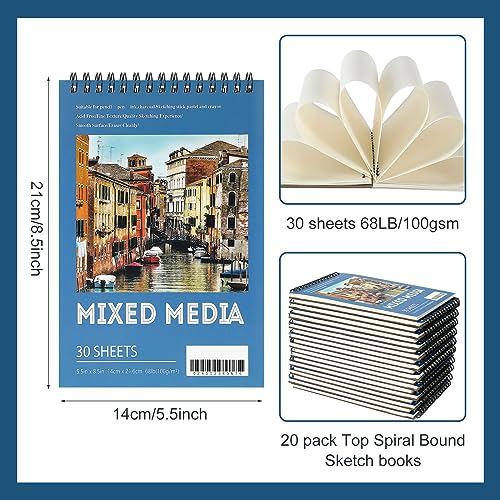 Jexine 20 Pcs Sketch Book Bulk 5.5"x8.5" Top Spiral Bound,Mixed Media | 30 Sheet Each 100gsm Drawing Paper, Sketch Pads for Painting, Artist Sketchbooks Bulk, Art Paper for Students - style: Mixed Media