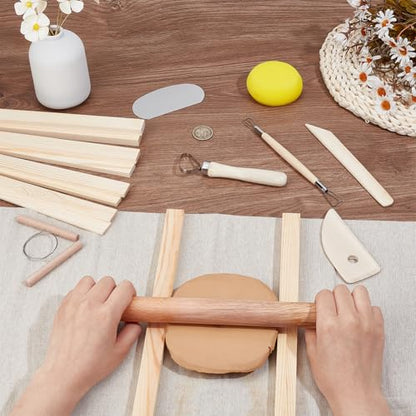 OLYCRAFT 20Pcs Pottery Making Set Includes 1Pcs Wooden Rolling Pin 10Pcs Pottery Rolling Mud Stick Guide 8Pcs Clay Sculpting Tools 1Pcs Portable Linen for Polymer Clay for DIY Beginners