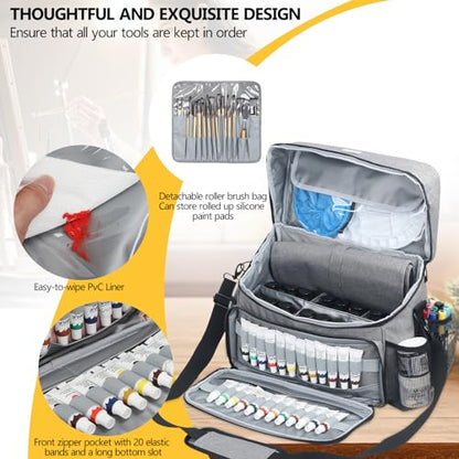 Acrylic Paint and Brush Set Organizer Bag - Carrying Case Compatible with Apple Barrel, Shuttle Art, Caliart Art Supplies - Includes Detachable Paint Brush Holder - for Home/Travel/Outdoor (Pro Gray) - color: Pro Gray