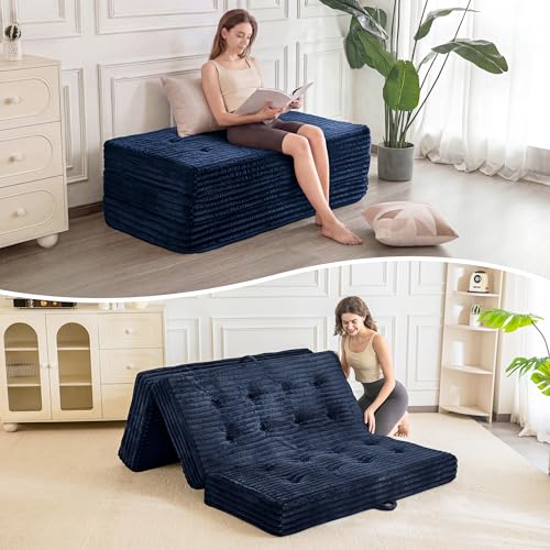 MAXYOYO Folding Sofa Couch Bed, 6 Inch Tri-Fold Floor Sofa Bed, Folding Mattress with Handles, Soft Faux Fur Folding Bed with Supportive Foam Filling, Portable Couch for Living Room, Full, Navy - color: Navy, size: Full