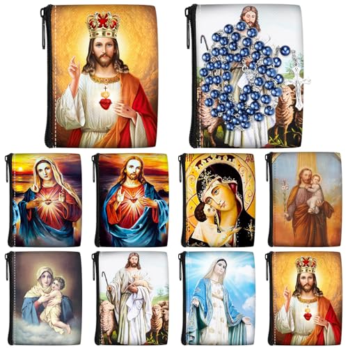 Windyun 8 Pcs Catholic Rosary Pouch 3.9'' x 5.9'' Coin Purse Rosary Holder Beads Bag with Zipper for Prayer Storage(Religious) - size: 3.9 x 5.9 Inches, style: Religious