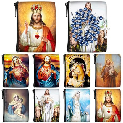 Windyun 8 Pcs Catholic Rosary Pouch 3.9'' x 5.9'' Coin Purse Rosary Holder Beads Bag with Zipper for Prayer Storage(Religious) - size: 3.9 x 5.9 Inches, style: Religious