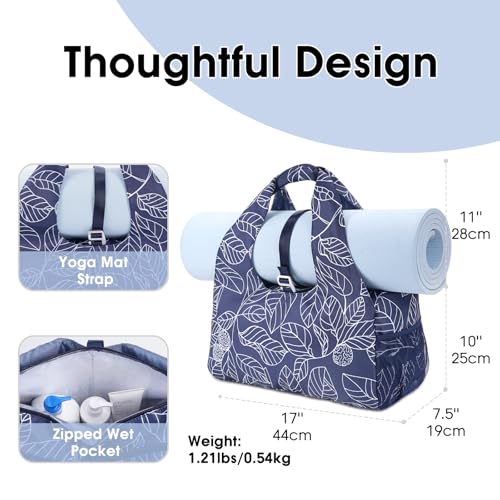 Sportsnew Tote Yoga Mat Gym Bag 20L Women W/Shoe Compartment Wet Dry Pocket - color: Navy Blue Leaf