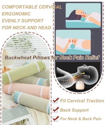 Buckwheat Neck Roll Pillow, Adjustable Bolster Cylinder Pillows with Plaid & Lace Trim Pillowcase, Firm Cervical Support Round Pillows Neck Pain Relief for Sleeping (16"x4",Blue) - color: Blue