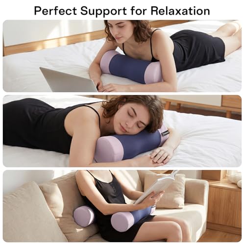 Neck Roll Pillow - Cooling Cover Round Neck Pillow for Sleeping - Memory Foam Cervical Roll Pillow - Ergonomic Bolster Pillow for Neck, Leg, Back, Yoga, Relaxing (Blue Purple) - color: Blue Purple