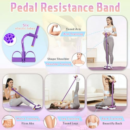 5 Pcs Resistance Bands Set, Foot Pedal Resistance Band with Handles, Workout Elastic Exercise Bands for Ab, Waist, Arm, Leg, Women Fitness Stretch Bands for Pilates, Yoga at Home, Gym - color: Purple