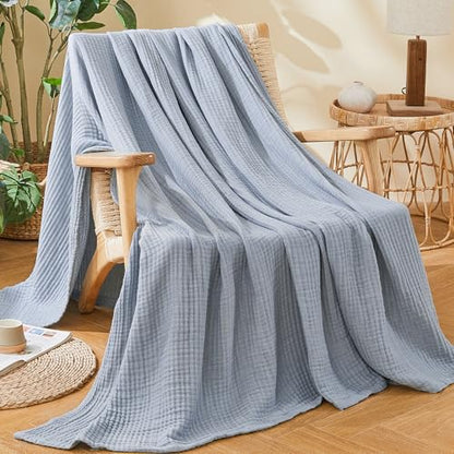 EMME Cotton Muslin Large Throw Blanket Couch Breathable Gauze Soft Lightweight Bed Blankets Adults (Heather Dusty Blue, 50"x70") - color: 07 - Dusty Blue, size: Large Throw (50" X 70")