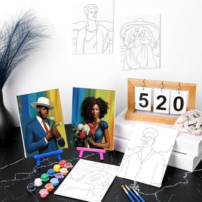 Blosssound 10 Set Pre Printed Canvas Pre Drawn Canvas Painting with Easel Kits 5" x 7" Outline Painting Panels for Beginners, DIY Craft Project, Party Favor, Home Decors(Black Couple) - style: Modern, Contemporary