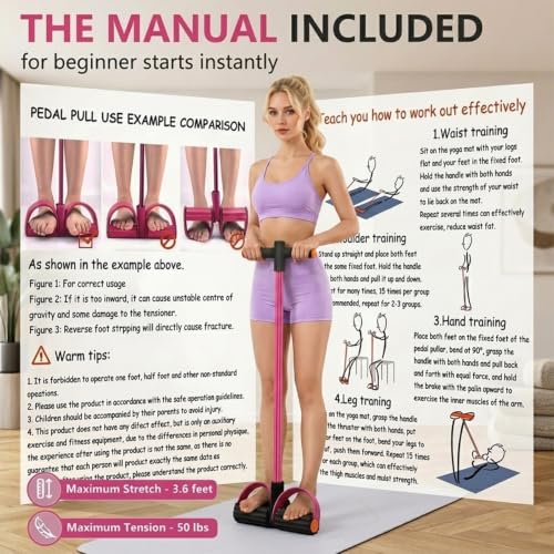 Multifunction Pedal Resistance Band with Handles, Pink | 6-Tube Natural Rubber Elastic Yoga Pedal Puller for Home Workouts, Full-Body, Core Strength, Arm Training and Leg Exercises