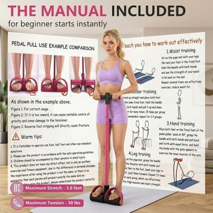 Multifunction Pedal Resistance Band with Handles, Pink | 6-Tube Natural Rubber Elastic Yoga Pedal Puller for Home Workouts, Full-Body, Core Strength, Arm Training and Leg Exercises