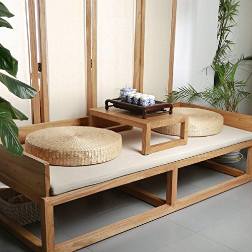 HUAWELL 2 Pieces Japanese Tatami Floor Pillow Set Zafu Natural Seat Furniture Set Meditation Floor Mat Cushion Multi-Functional Handmade Breathable Circle Beige - size: 23.6*23.6*3.94 Inch