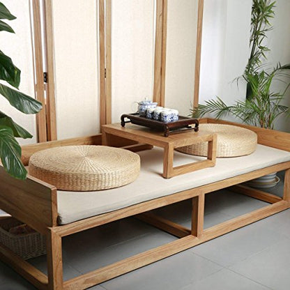 HUAWELL 2 Pieces Japanese Tatami Floor Pillow Set Zafu Natural Seat Furniture Set Meditation Floor Mat Cushion Multi-Functional Handmade Breathable Circle Beige - size: 23.6*23.6*3.94 Inch