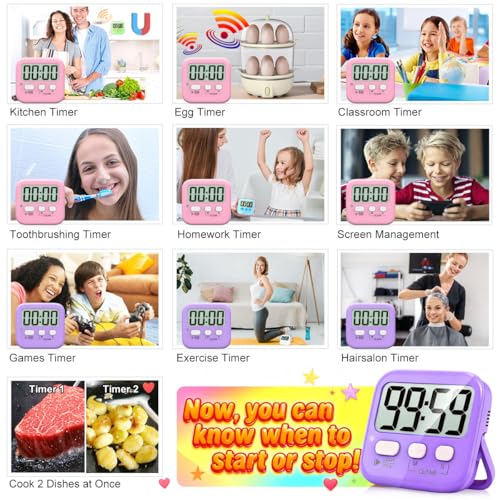 Antonki 2 Pack Digital Timer for Kids Classroom Kitchen Timers for Cooking | w/ Battery, Easy to View, Alarm, Mute Mode, Count Down/Up, Magnetic, Kickstand, Hanging, Classroom Timer for Teacher Supplies - color: 2 * Pink + Purple