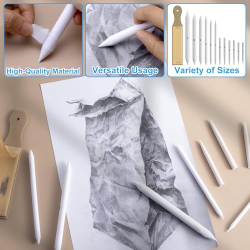 VARMDUKKE 13pcs Blending Stumps for Drawing, Oil Pastel Tortillions Blending Stick with Sandpaper Pencil Sharpener, Soft Paper Art Blenders Tools for Artist Graphite Charcoal Sketching Drawing