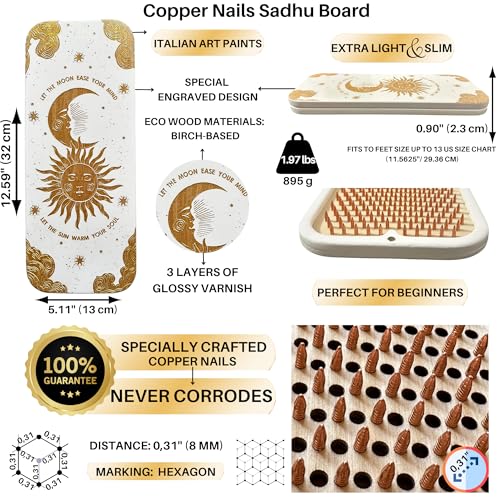 TENGRY Sadhu Board, Specially Crafted Aluminum & Copper Nails, Light Nail Board, 0.31 IN (8 mm), Beginners, Hexagon, Slim Sadhu Wood Board for Standing on Nails, Acupuncture Foot Massage, Yoga Gift - color: Sun and Moon White Copper Nails