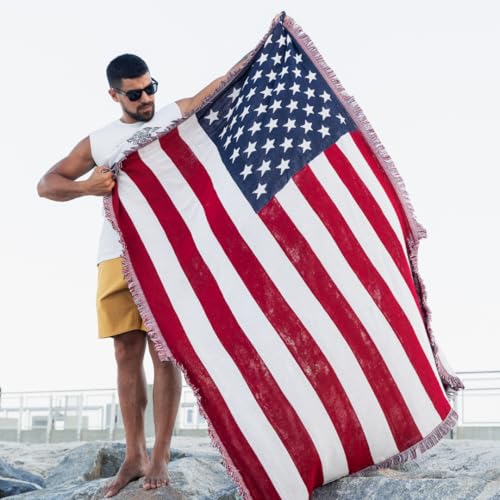 United Estates Flag Woven Throw Blanket - Cotton Blend | Versatile, Multi-Use & Lightweight | Patriotic Blanket for Bed, Sofa, Picnic, Beach, Tapestry, or Gift - color: White, Red and Blue