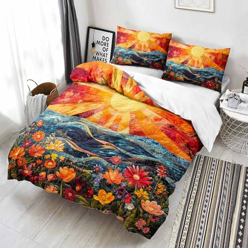 AILONEN Colorful Flower Duvet Cover Set Queen Size, Boho Sun and Ocean Bedding Set,Abstract Printed Soft Quilt Cover Cover + 2 Pillowcases,3 Pieces - color: S11, size: Queen