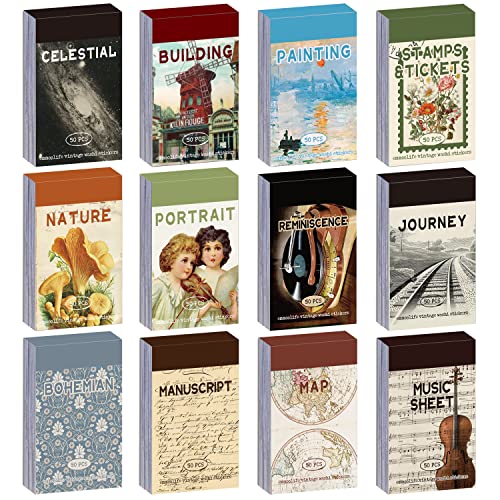 12 Sets 600 Sheets Washi Stickers for Journaling, Map Nature Celestial Portrait Boho Stickers Vintage Aesthetic Scrapbook Sticker Set for Bullet Journal Art Diary Card Craft Gifts Planner Notebook - style: Vintage