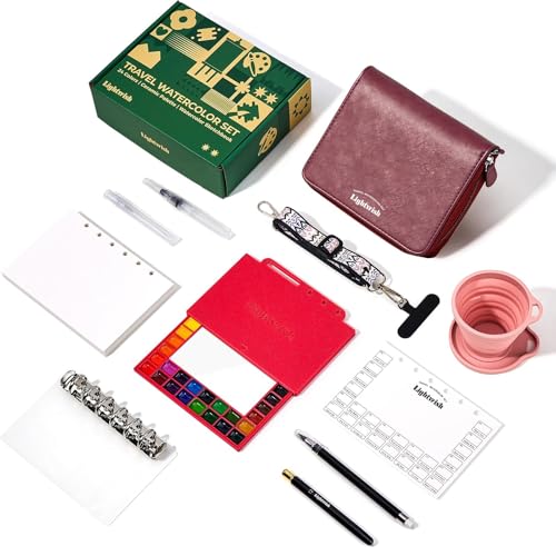 LIGHTWISH Travel Watercolor Set - 24 Colors Compact Art Kit with Refillable 100% Cotton Paper, Ceramic Palette, Watercolor Brush & Spray Bottle, Portable Painting Supplies for Artists & Beginners - color: Red