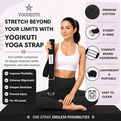 Yogikuti Double Buckle Yoga Strap - Adjustable Stretching Strap for Enhanced Flexibility in Yoga, Pilates, and Physical Therapy, Available in Various Colors and Lengths for All Fitness Levels - color: Black