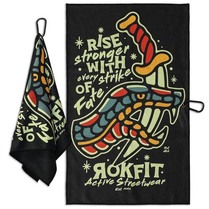 RokFit Gym & Golf Towel – Multi-Use, Quick-Dry, Durable Utility Towel with Bold Graphic and Carabiner Clip (Rise Stronger, Strike of Fate) - color: Rise Stronger With Every Strike of Fate