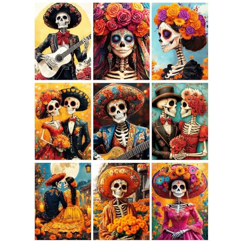 9 Piece Halloween Paint by Numbers Kit for Adults Canvas, Frameworkless | Easy Adult Paint by Number Kits on Canvas DIY 9 Piece Skull Painting for Beginners Art by Numbers for Home Wall Decor Gift - color: YH03483