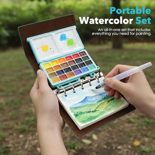 Portable Watercolor Sketchbook Set, Mini Watercolor Paint Set with 24 Colors, Brush & Drawing Paper, Travel Watercolor Kit for Artists Outdoor Painting - color: Watercolor Set