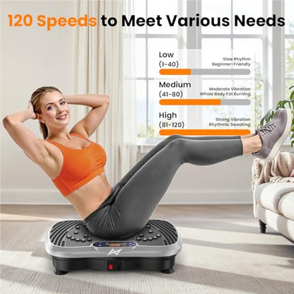 AXV Vibration Plate Fitness Platform Exercise Machine Body Vibrating Board | Curved Design Powerful 200W Bluetooth Oscillating Shake Plate for Lymphatic Drainage Recovery Whole Body Toning With Handles - color: BT.PRO.SILVER
