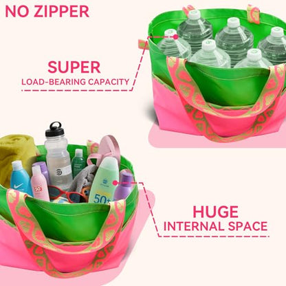 Large Foldable Waterproof Tote Bag, Heavy Duty for Beach & Swim - color: Green/Pink