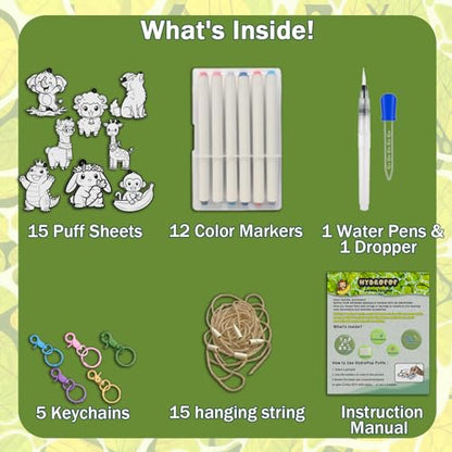 WurLoo Aqua Magic Puffs Paint 3D Art Kit Animals, Mess-Free Craft for Kids, DIY Color & Inflate Activity, Travel Toys & Creative Gifts for Girls and Boys Ages 4, 5, 6, 7, 8, 9, 10 - color: Animals