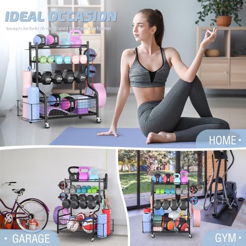 PLKOW Dumbbell Rack, Weight Rack for Dumbbells, Home Gym Storage for Dumbbells Kettlebells Yoga Mat and Balls, All in One Workout Storage with Wheels and Hooks, Powder Coated Finish Steel