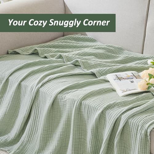 EMME Cotton Muslin Large Throw Blanket Couch Breathable Gauze Soft Lightweight Bed Blankets Adults (Heather Sage Green, 50"x70") - color: 09 - Sage Green, size: Large Throw (50" X 70")