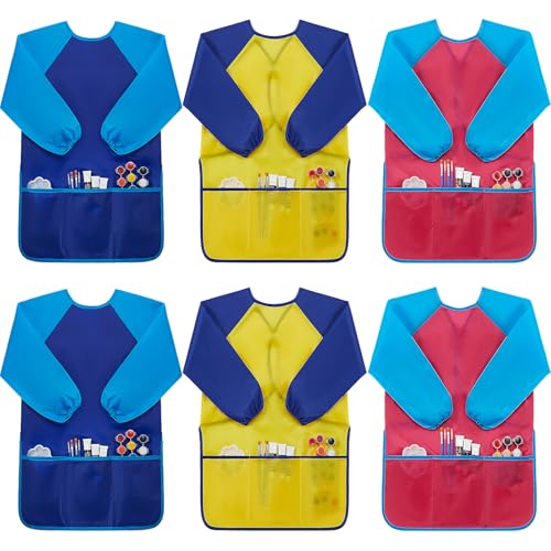 Yahenda Kids Art Smocks Toddlers Painting Apron Waterproof Artist Smock for Children with Long Sleeve 3 Pockets for 2-8 Years - color: Rose Red, Yellow, and Dark Blue