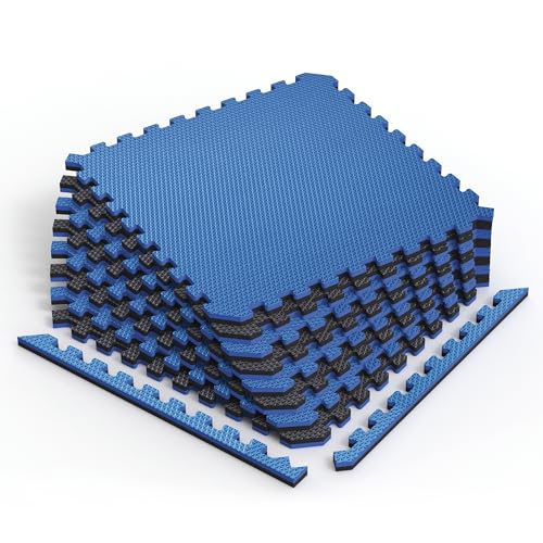 Norsk Reversible Gym Exercise Mats 3/4" Thick EVA Interlocking Foam Tiles, Perfect Gym Flooring for Home Gym, 8 Tiles & 16 Trim Pieces, 32 Sq. Ft. 24"x24" Dazzling Blue/Black - color: Dazzling Blue/Black, size: 8 Tiles - 32 Sq. Ft.