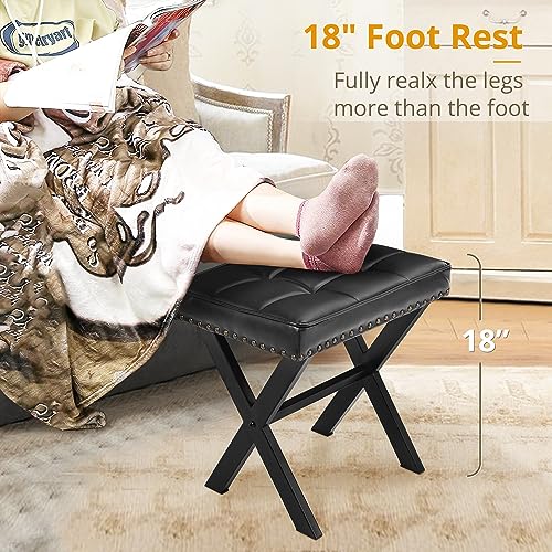 LUE BONA Vanity Stool - Square Faux Leather Makeup Seat With Metal X Legs, Small Ottoman Chair for Makeup Room, Living Room - Modern Padded Foot Rest, Black - color: Black