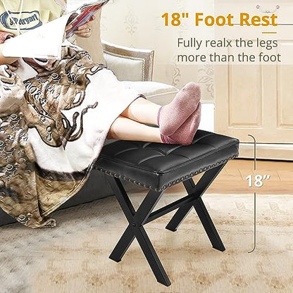 LUE BONA Vanity Stool - Square Faux Leather Makeup Seat With Metal X Legs, Small Ottoman Chair for Makeup Room, Living Room - Modern Padded Foot Rest, Black - color: Black
