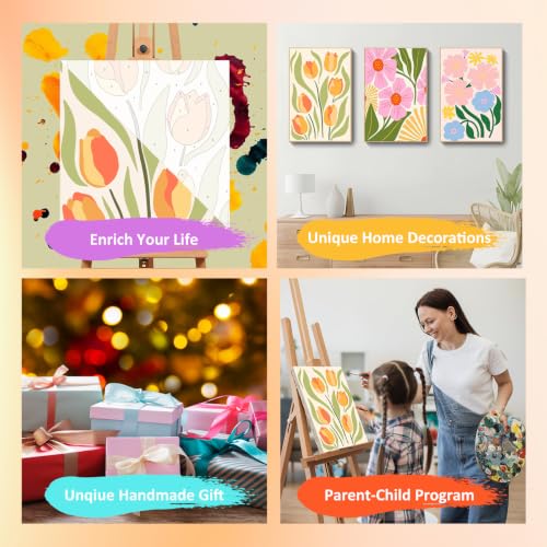 Mandun 3 Pack Paint by Numbers Kit for Adults with Frame, Easy Flower Paint by Numbers, Adult Gift Craft Kits 7.8x11.8 Inch with Frame and Easel - color: 3 Pack Simple Flowers
