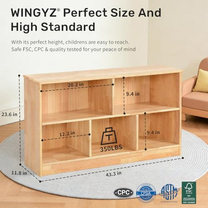 WINGYZ Rubber Wood Montessori Bookshelf, 5-Section Wooden Storage Cabinet - size: 43.3"D x 11.8"W x 23.6"H