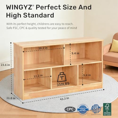 WINGYZ Rubber Wood Montessori Bookshelf, 5-Section Wooden Storage Cabinet - size: 43.3"D x 11.8"W x 23.6"H