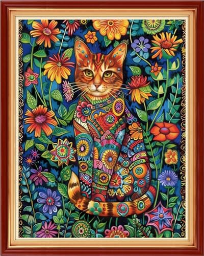 Funchey Stamped Cross Stitch Kits, DIY Cross Stitch Pattern for Adults Beginners Needlepoint Kits Embroidery Kit Arts and Crafts 11CT-Magic Cat Flower 16x20 inch - color: Handicraft patterns06
